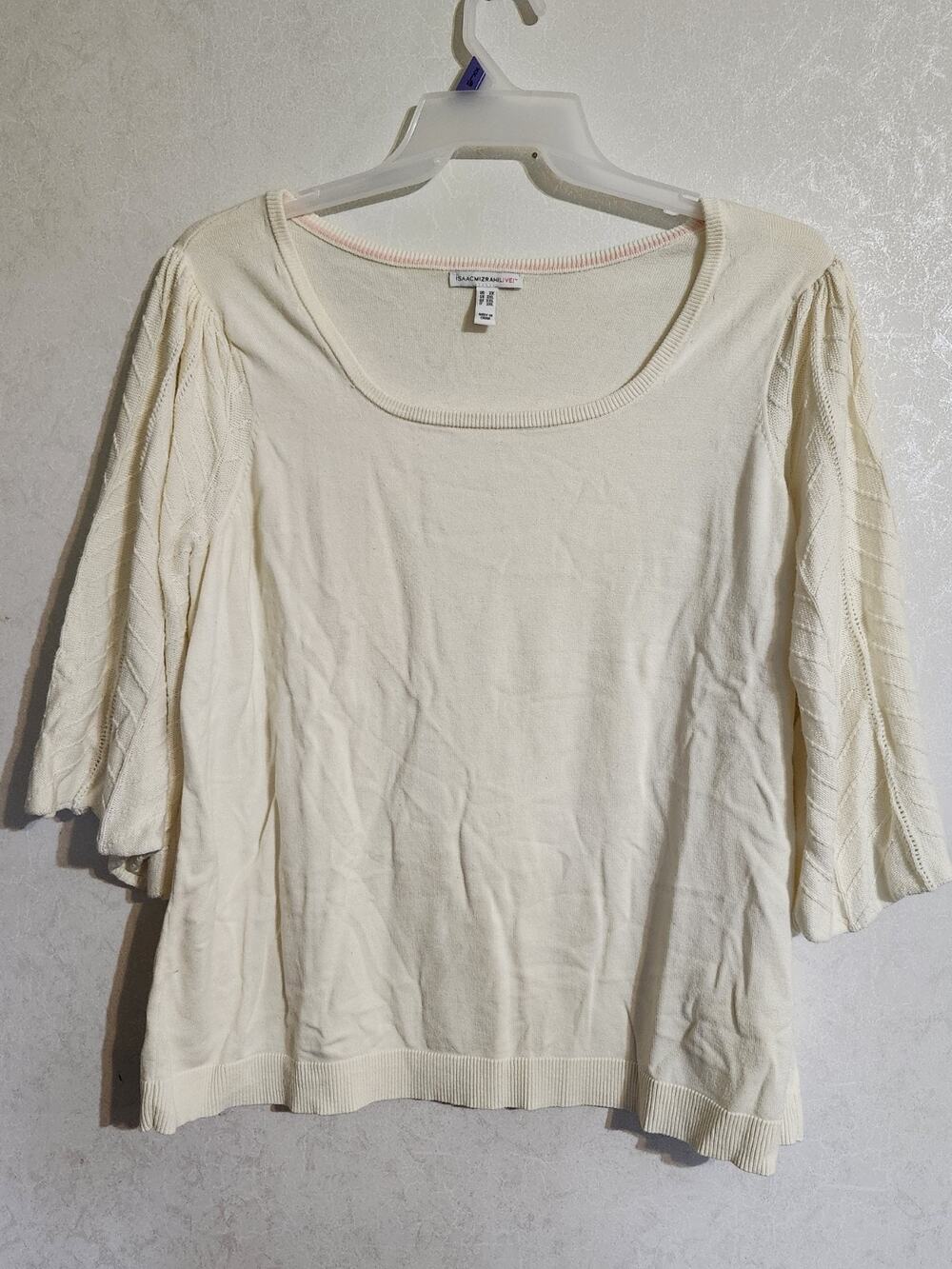 Isaac Mizrahi Live Womens Sweater 2X Off White 3/4 Bell Sleeve Knit Scoop Neck
